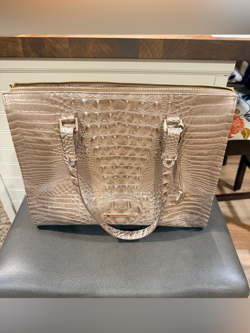 Brahmin Metallic Champagne Croc-Embossed Tote